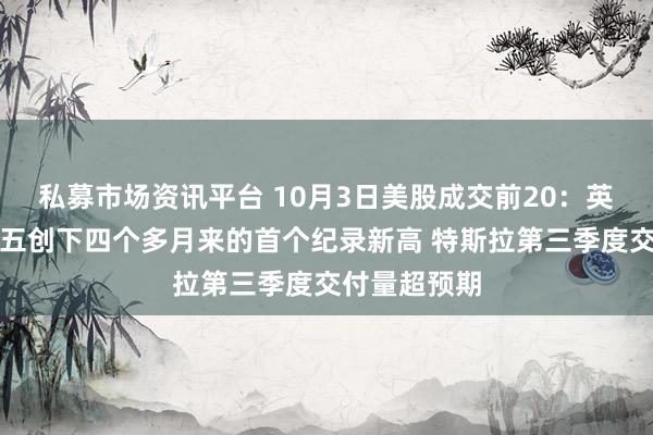 私募市场资讯平台 10月3日美股成交前20:英伟达股价周五创下四个多月来的首个纪录新高 特斯拉第三季度交付量超预期